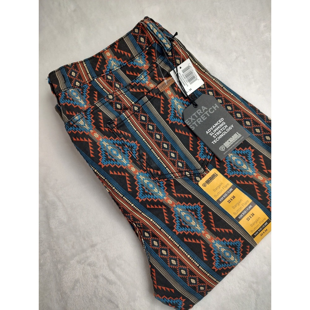 Rock & Roll Denim Women's Bargain Button Flare Jeans 33x34 Southwestern‎ Stretch